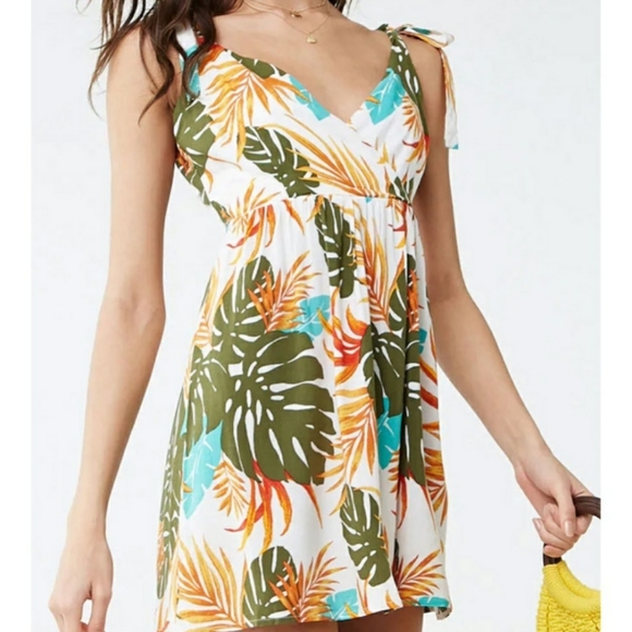 Tropical Foliage Leaf Print Tie Shoulder Dress - Picture 3 of 4